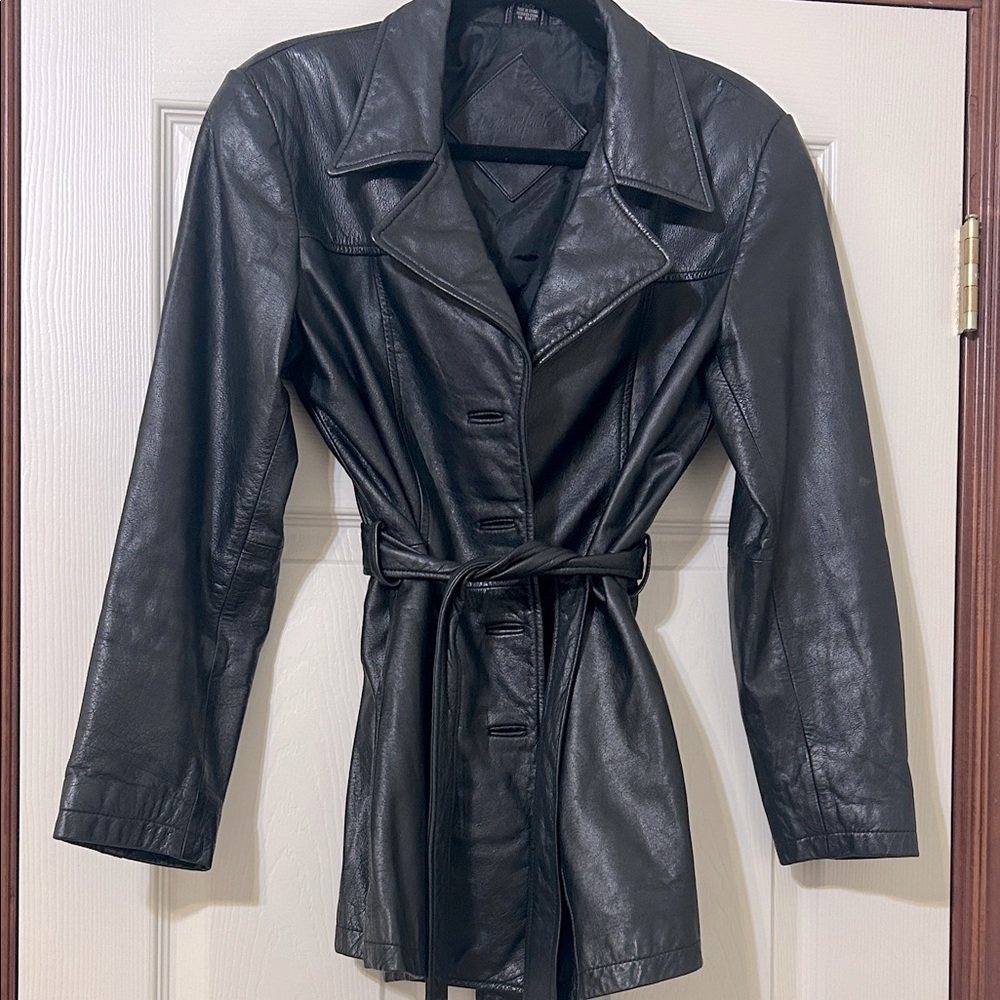 Vintage Jacqueline Ferrar Black Leather Coat with attached belt